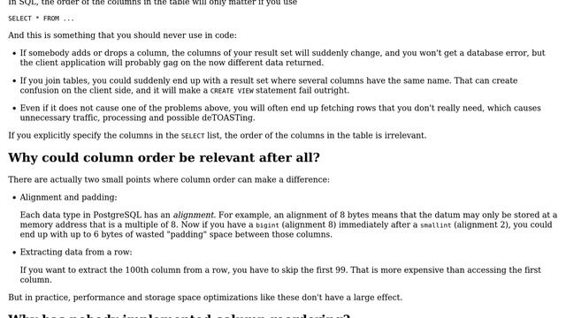 Databases: Why exactly doesn't PostgreSQL allow reordering the columns? (2 Solutions!!) смотреть онлайн