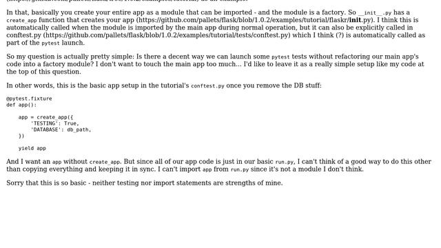 pytest w/ Flask: easy way to pull in our app setup without create_app()? смотреть онлайн
