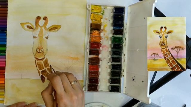 Рисуем жирафа акварельными красками сафари пустыню, закат, Африка для начинающих смотреть онлайн