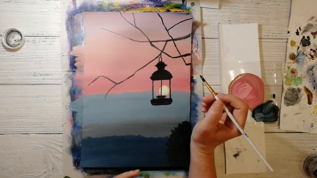 Как нарисовать УЛИЧНЫЙ ФОНАРЬ. Рисуем пейзаж фонарь на закатном небе гуашью. смотреть онлайн