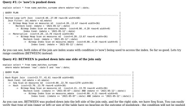 Databases: Postgres condition pushdown when using range conditions (＞=, ＜= or BETWEEN) смотреть онлайн