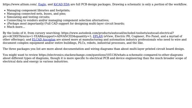 Electronics: What is the difference between Eplan/Elcad/Autodesk Electrical vs Altium/Eagle/KiCAD? смотреть онлайн