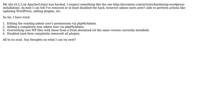 Wordpress: Admin user lacks admin permissions after hack and can't reinstate смотреть онлайн