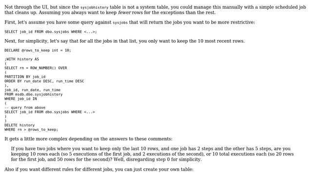 Databases: Can we restrict Maximum Job history rows for particular job/jobs in SQL Server 2012? смотреть онлайн