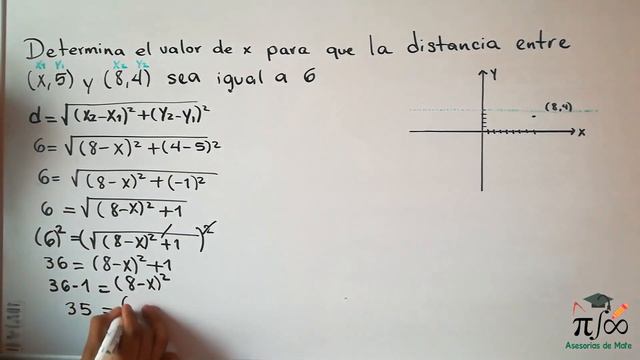 Determina el valor de x para que la distancia emtre (x,5) y (8,4) sea igual a 6 смотреть онлайн