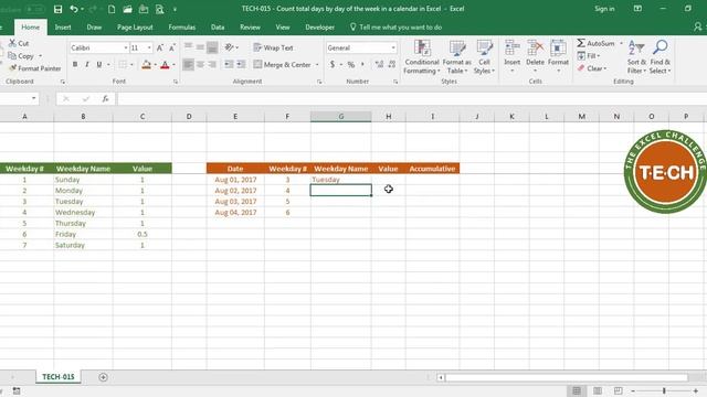 TECH-015 - Count total days by day of the week in a calendar in Excel смотреть онлайн