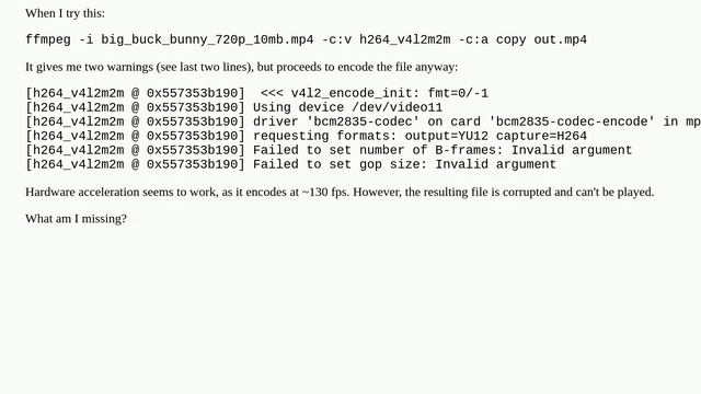 Video encoding on Raspberry Pi 4 via ffmpeg and h264_v4l2m2m produces corrupted video смотреть онлайн