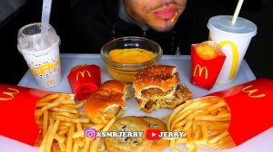 ASMR MCDONALDS WITH CHEESE SAUCE MUKBANG JERRY OREO MCFLURRY BIG MAC HASH BROWNS BIG BITES NO TALK