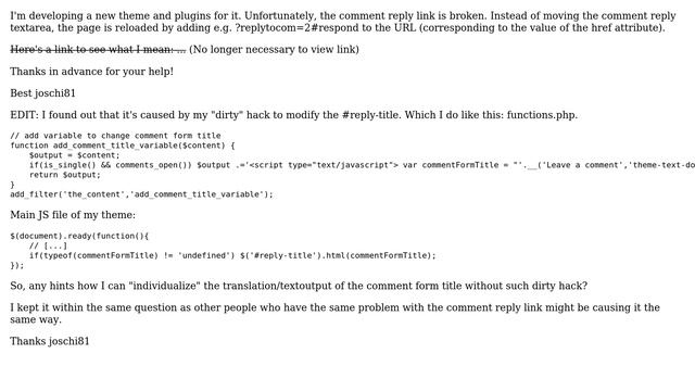 Wordpress: How to change i18n/l10n of #reply-title? (Old title: Comment reply link not working)? смотреть онлайн