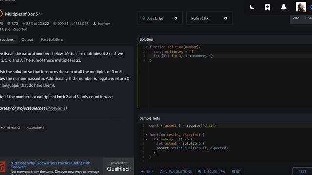 Codewars 6kyu, Multiples of 3 or 5 смотреть онлайн