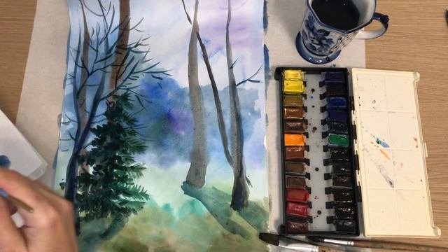 Рисуем лес акварелью. Видеоурок смотреть онлайн