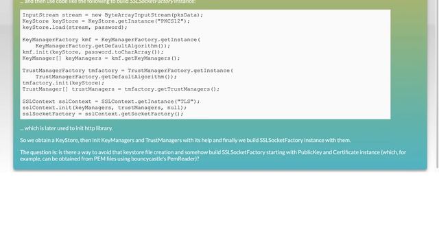 How to build a SSLSocketFactory from PEM certificate and key without converting to keystore? смотреть онлайн