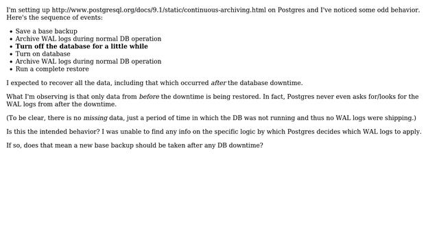 Databases: Postgres WAL logs-- point in time recovery with (time) gaps in the logs? смотреть онлайн