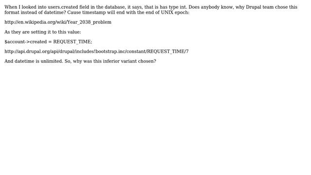 Drupal: Why timestamp format was chosen for users.created field? смотреть онлайн