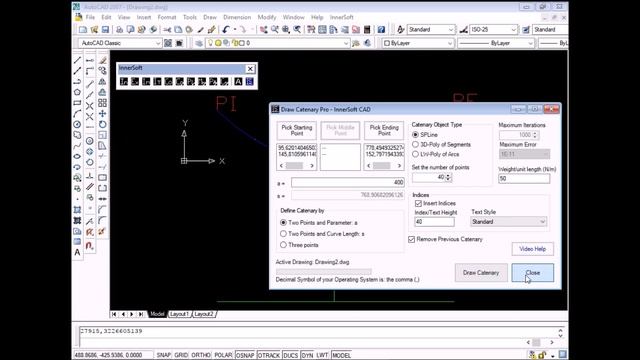 How to draw a Catenary in AutoCAD by three points, length or parameter with InnerSoft CAD смотреть онлайн
