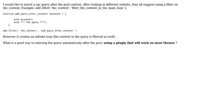 Wordpress: Insert wp_query after the_content with plugin (filter the_content won't work) смотреть онлайн