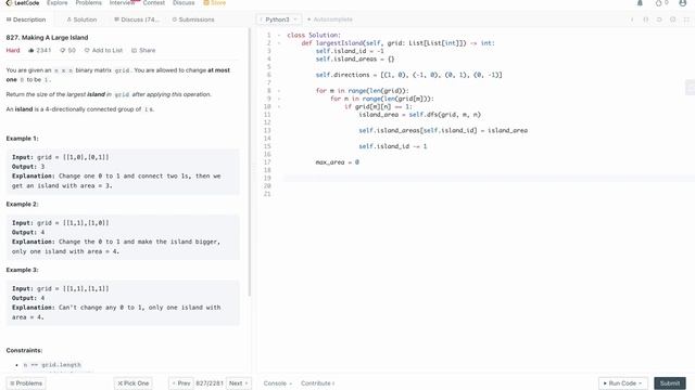 MAKING A LARGE ISLAND | LEETCODE # 827 | PYTHON SOLUTION смотреть онлайн