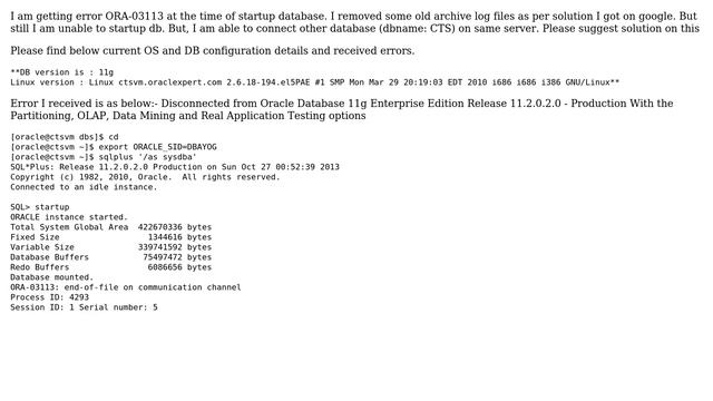 Databases: I am getting error ORA-03113 at the time of startup database. (3 Solutions!!) смотреть онлайн