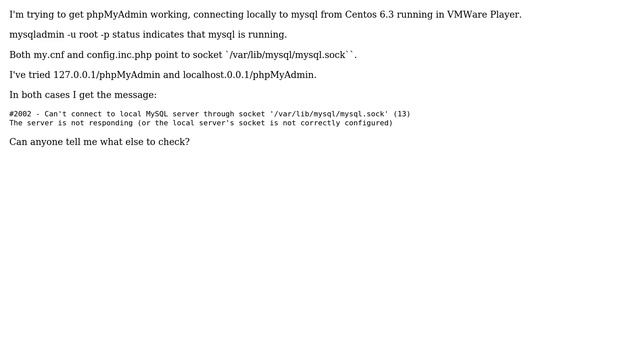 phpMyAdmin can't connect to local MySQL server through socket '/var/lib/myseql/mysql.sock' смотреть онлайн