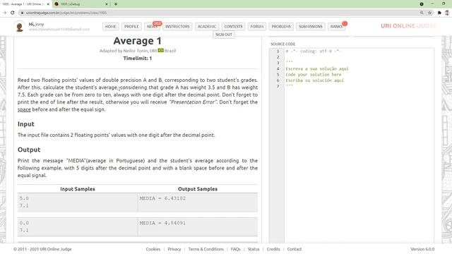Problem Solving With Python - URI Online Judge 1005 [ Average-1 ] смотреть онлайн