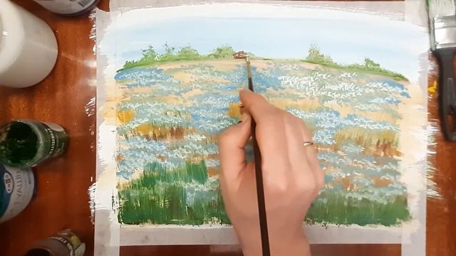 Как легко нарисовать васильковое поле. Как нарисовать пейзаж. Рисуем лето. Правополушарное рисовани смотреть онлайн