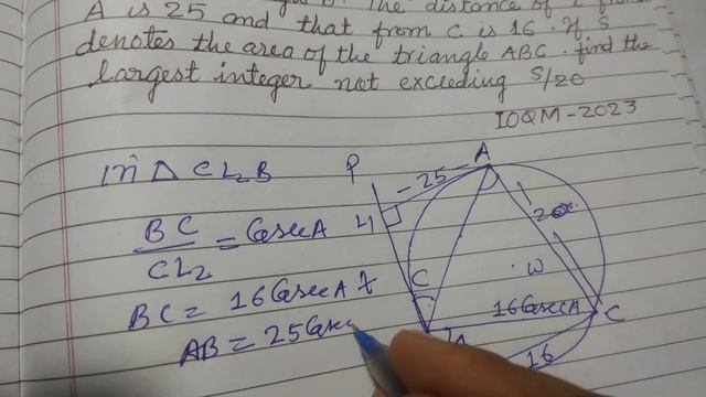 A triangle ABC with AC=20 is inscribed in a circle w.A tangent t to w is drown through B | ioqm2023 смотреть онлайн