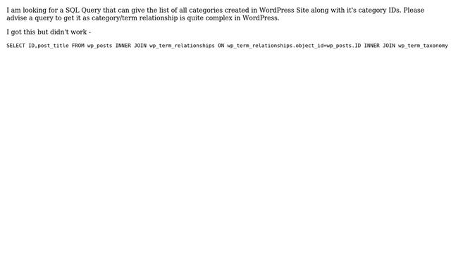 Wordpress: How to list all categories and their IDs using SQL query? смотреть онлайн