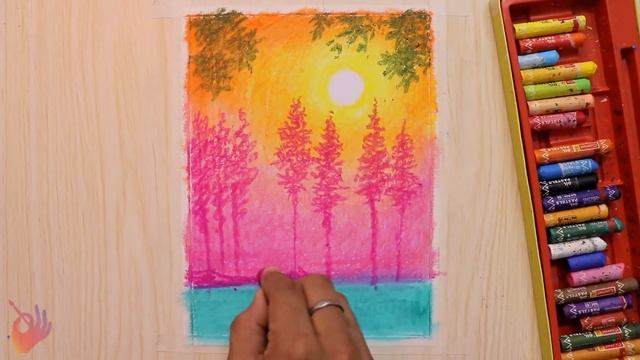 Tree landscape drawing with oil pastel for beginners step by step смотреть онлайн