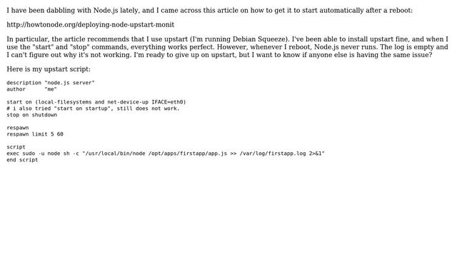 DevOps & SysAdmins: Node.js doesn't load after reboot using upstart on debian squeeze смотреть онлайн