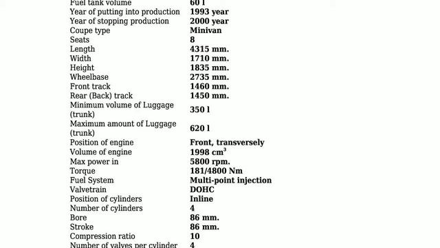Nissan - Serena (C23M) - 2.0 16V 4X4 (140 Hp) - Technical specifications смотреть онлайн