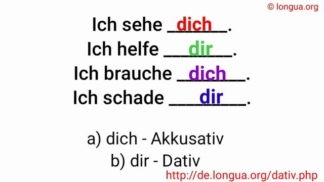 Akkusativ, Dativ, Verben, sehen, helfen, brauchen, schaden, mich, mir, dich, dir, Kasus, einsetzen смотреть онлайн