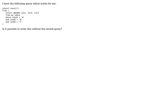 Databases: Shortest Query to Combine Count and Unique (Oracle) смотреть онлайн
