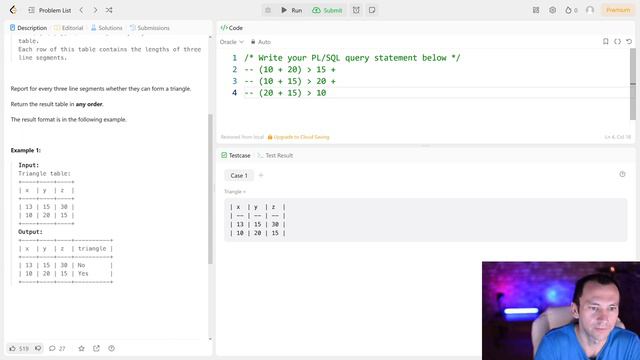 Решение задачи «610. Triangle Judgement» на SQL с сайта leetcode.com смотреть онлайн