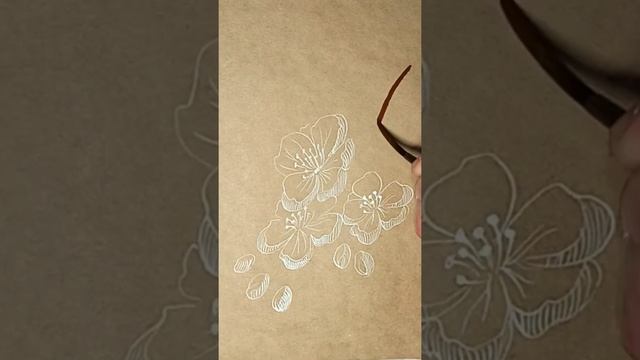 Цветущая ветка с пчелками - рисунок тушью на крафтовой бумаге. смотреть онлайн