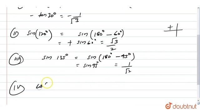 Find the values of: (i) `tan (-30^(@))` (ii) `sin 120^(@)` (iii) `sin 135^(@)` (iv) `cos 150^(@)` смотреть онлайн