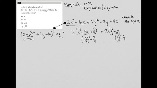 In the xy-plane, the graph of 2x^2 - 6x + 2y^2 +2y = 45 is a circle. What is the radius of the... смотреть онлайн