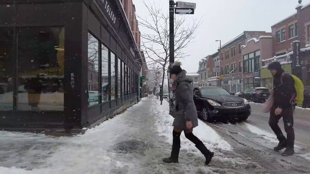 Montreal Snowfall Walk In Plateau In December 2022. Winter In Montreal QC Canada.
