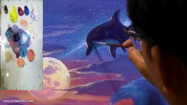Tutorial : Acrylic Painting Seascape/ Dolphin In The Moonlight / JMLisondra