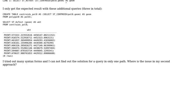 GIS: Syntax error in a query with ST_AsText and ST_CENTROID смотреть онлайн