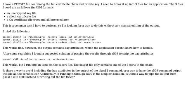 Unix & Linux: How to export CA certificate chain from PFX in PEM format without bag attributes? смотреть онлайн