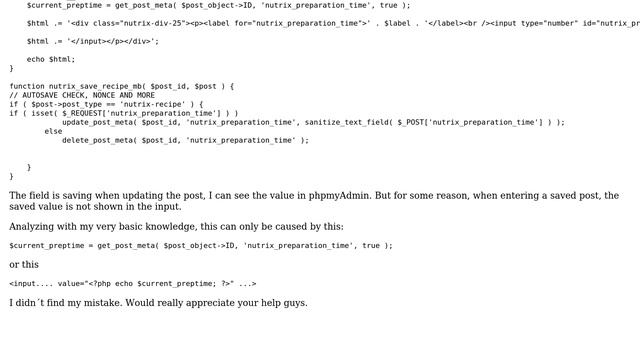 Custom Meta Box: Value saved in WordPress DB, but not shown in input field on Edit Screen смотреть онлайн