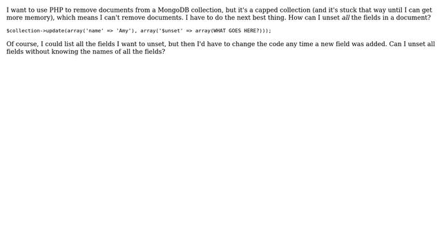 Databases: PHP/MongoDB: Unset all fields in a document смотреть онлайн