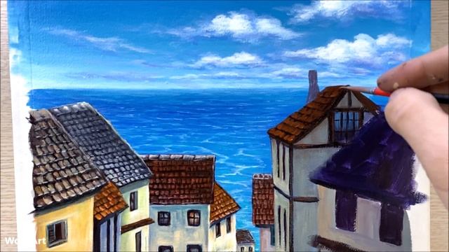 Daily Challenge #260 / Acrylic / A Town with an Ocean View Painting смотреть онлайн