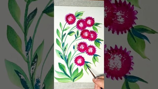 Бордовые цветы нарисованные круглой кистью-губкой. смотреть онлайн