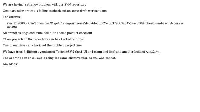 SVN / Tortoise SVN - Cannot checkout, Access is denied смотреть онлайн