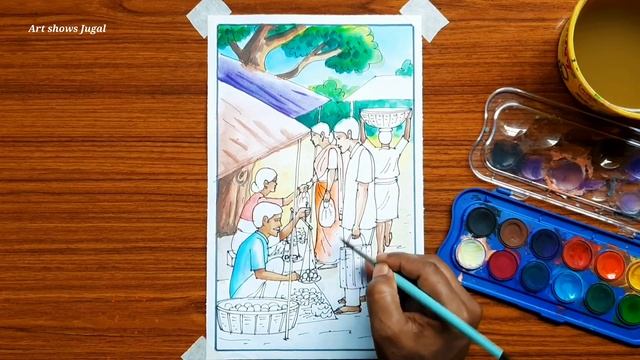 Market drawing with watercolour | Vegetable market drawing easy step by step смотреть онлайн