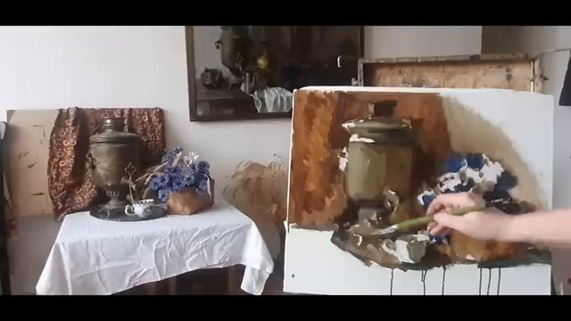 Натюрморт с самоваром и васильками Живопись маслом смотреть онлайн
