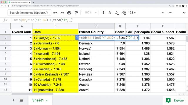 How to extract text from a middle of a cell in Google Sheets or Excel using MID and FIND functions смотреть онлайн