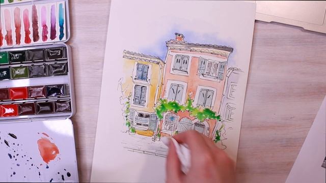 Стилизованный городской скетч / Акварель + графика смотреть онлайн