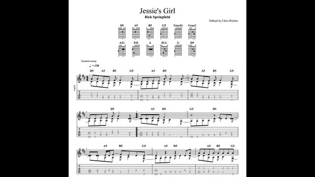 Rick Springfield: Jessie's Girl with tablature/sheet music for solo fingerstyle guitar смотреть онлайн